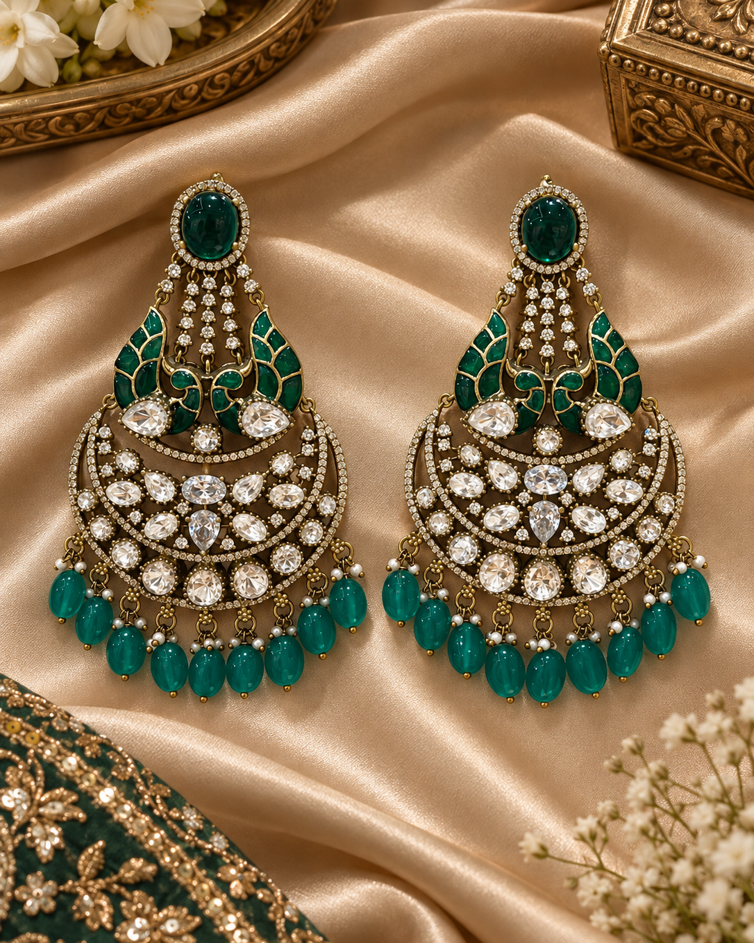 Victorian Green Chandbali Statement Earrings