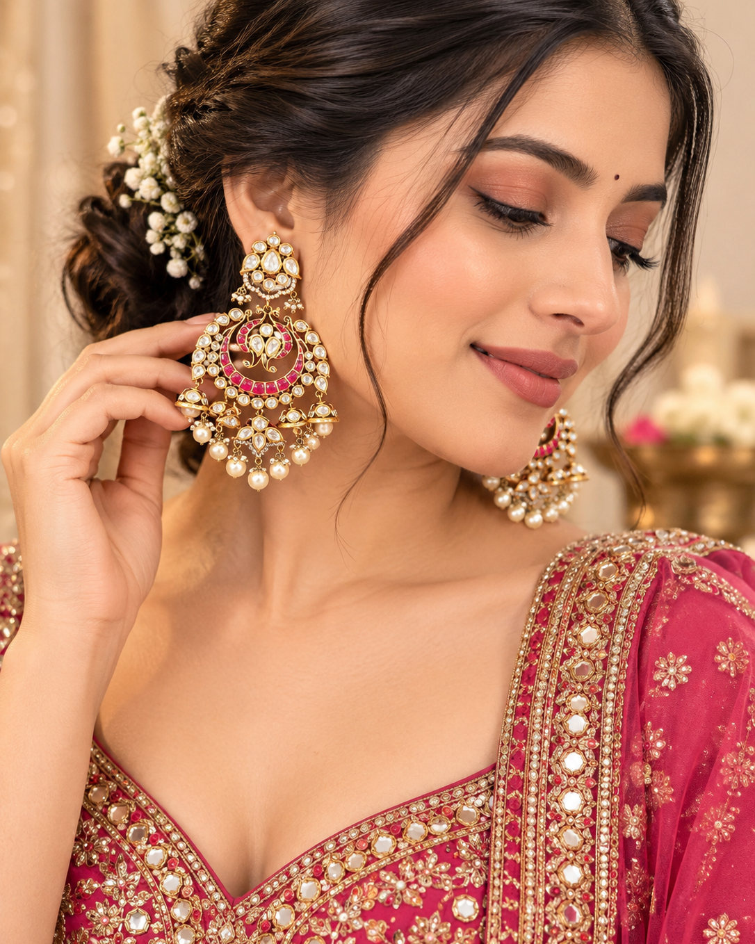 Victorian Pink Chandbali Statement Earrings