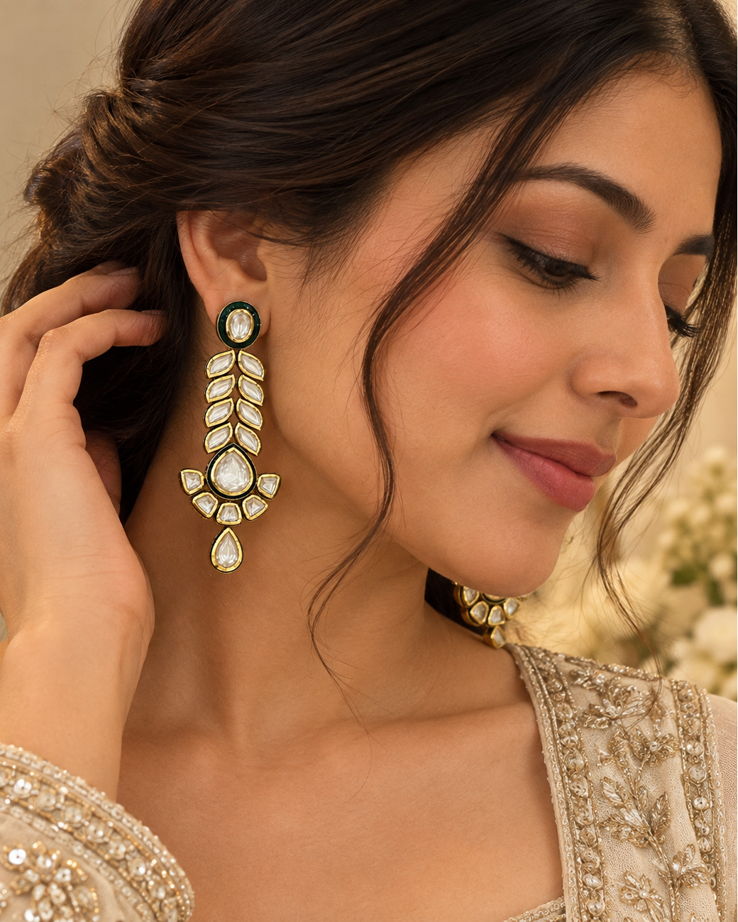 Green Kundan Leaf Earring