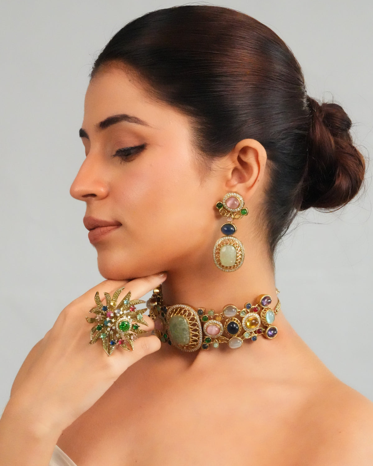 Pastel gemstone centerpiece statement choker with earring