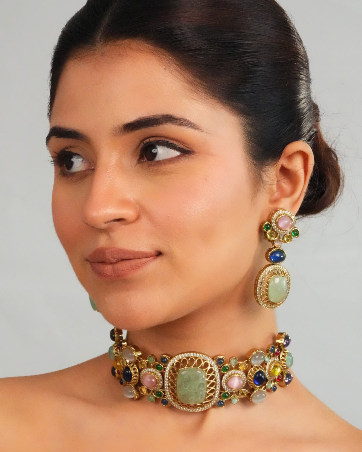 Pastel gemstone centerpiece statement choker with earring