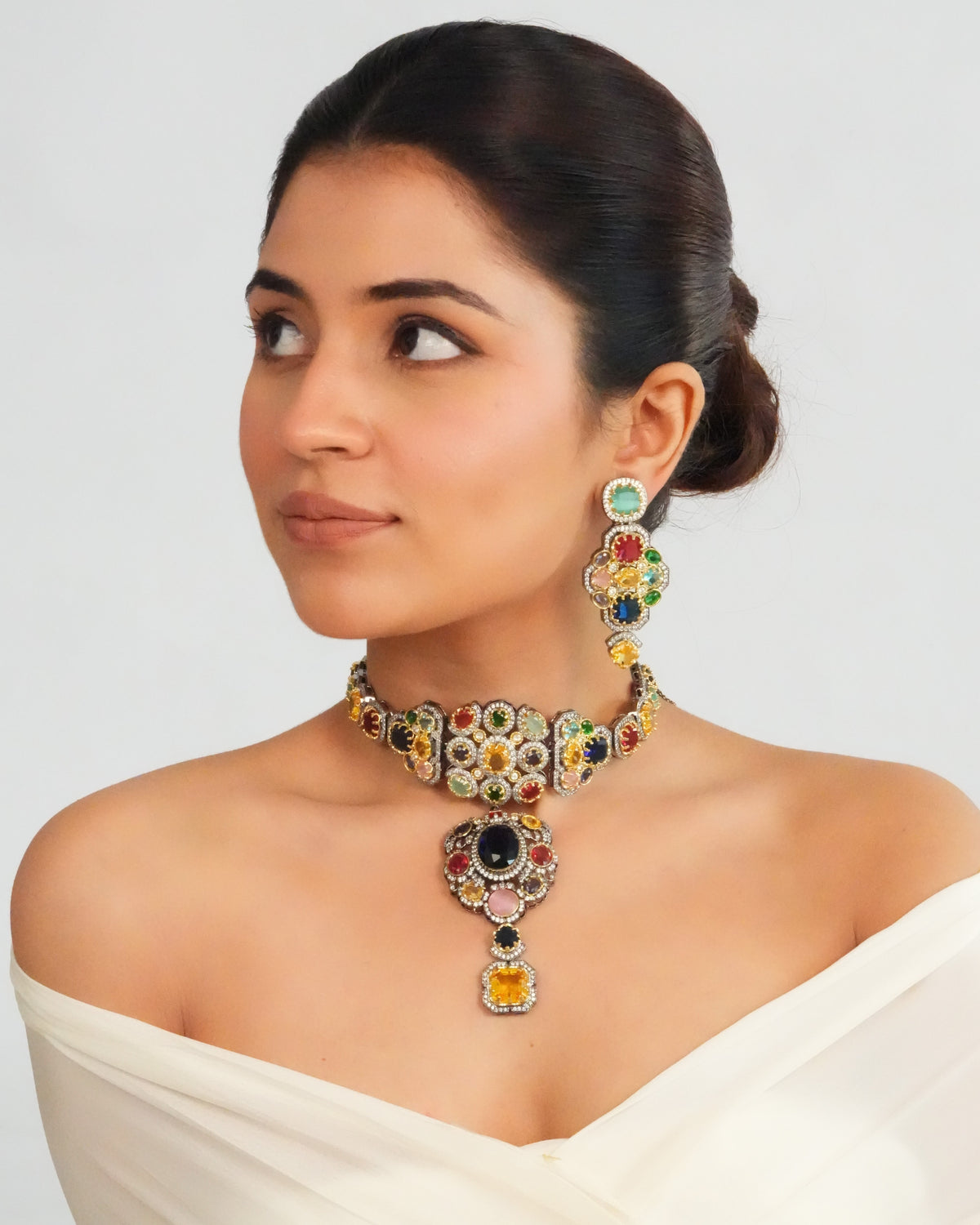 Bold centerpiece ethnic choker with multicolour drop earrings