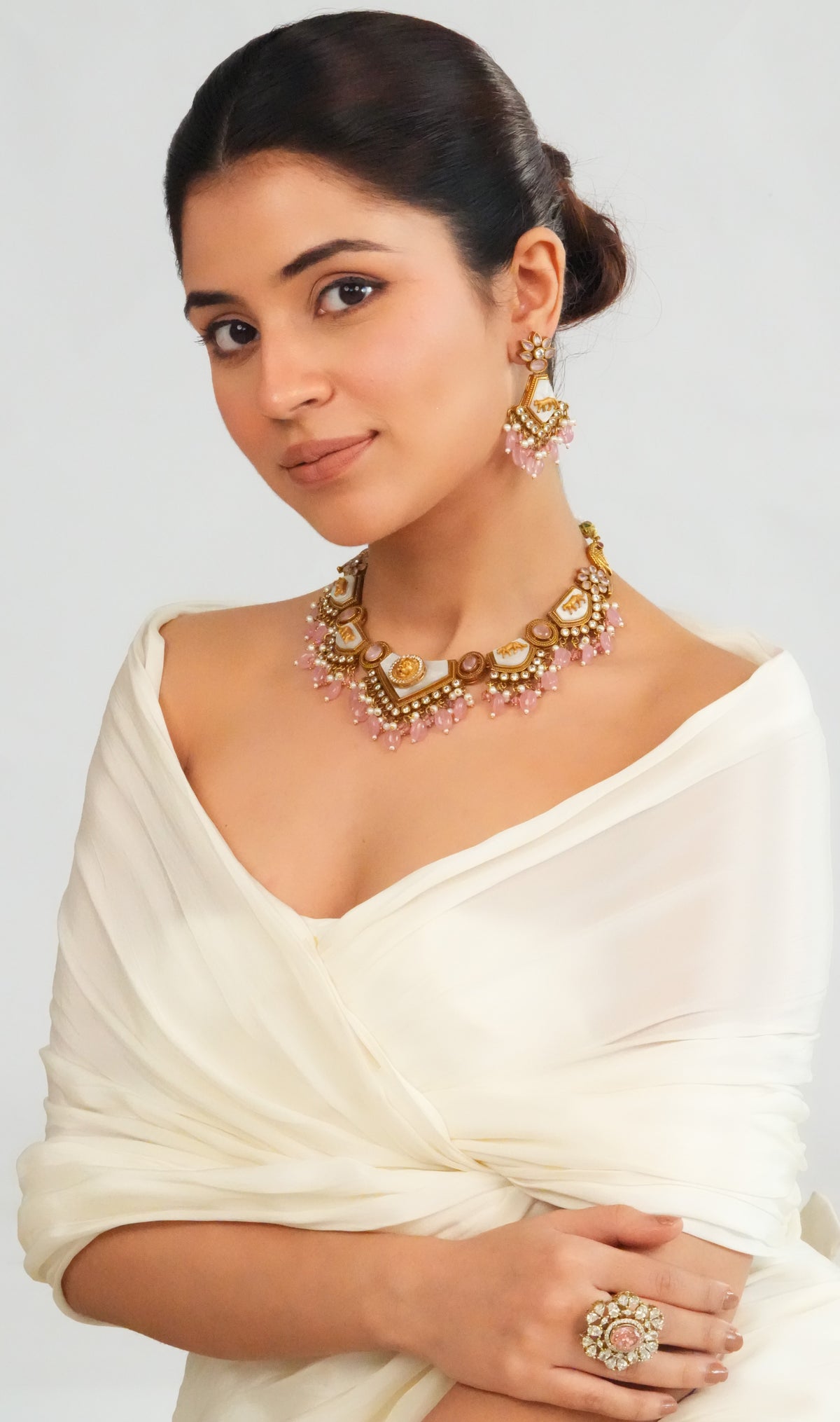 Soft pink beaded statement choker necklace with earrings