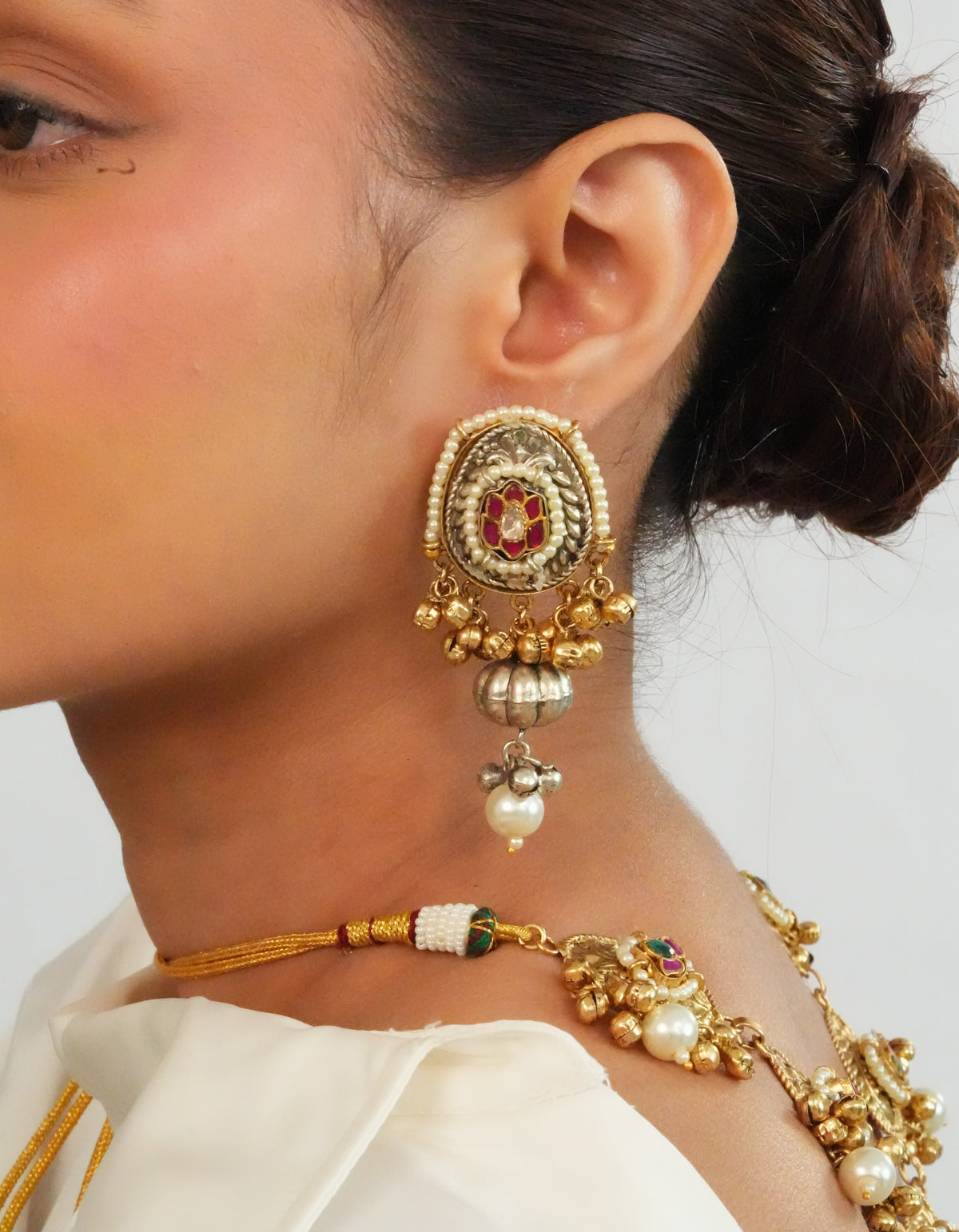 Heritage inspired detailed long necklace with amarpali earrings