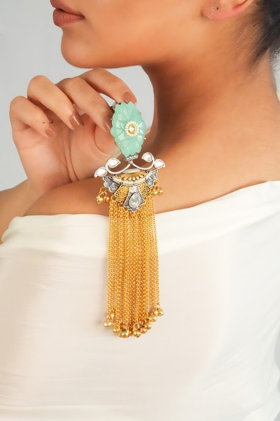 Mint stone tassel chain statement earrings