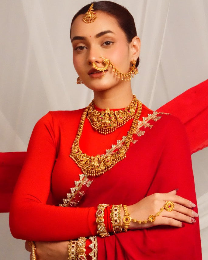 Traditional temple jewellery long necklace with earrings