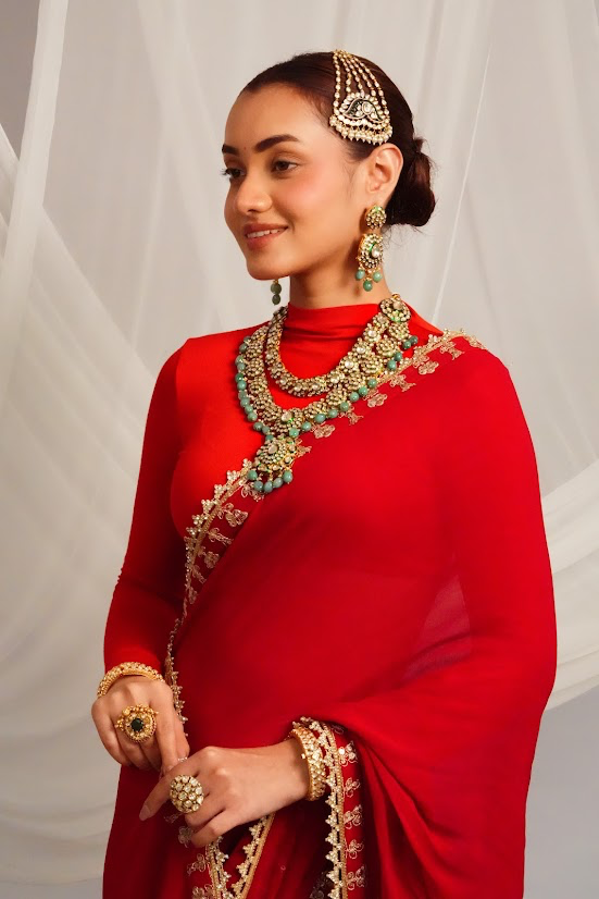 Mint green polki statement necklace with chandelier earrings