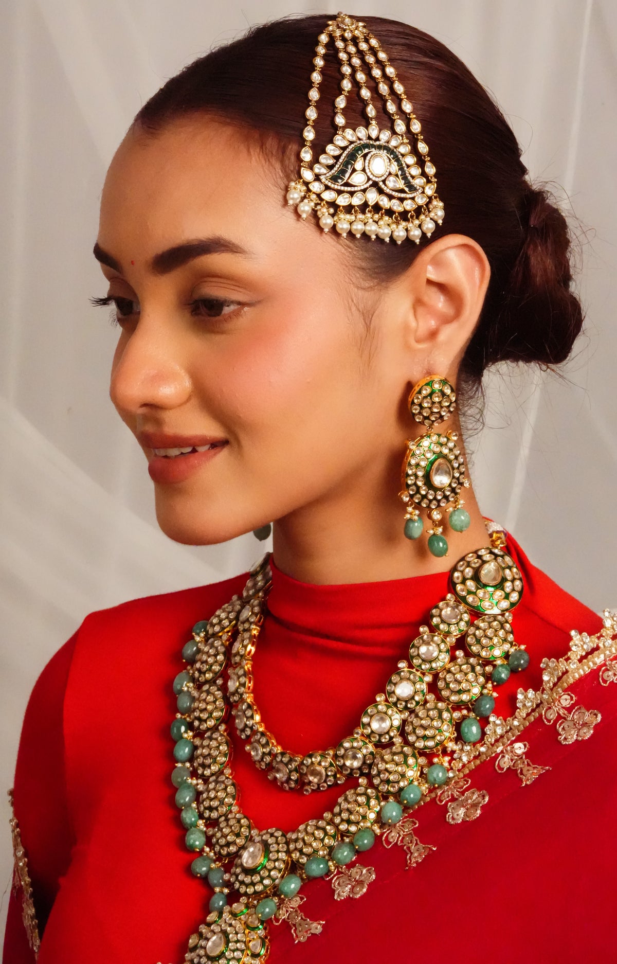 Mint green polki statement necklace with chandelier earrings