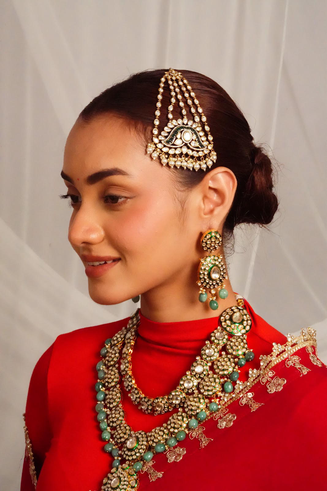 Mint green polki statement necklace with chandelier earrings