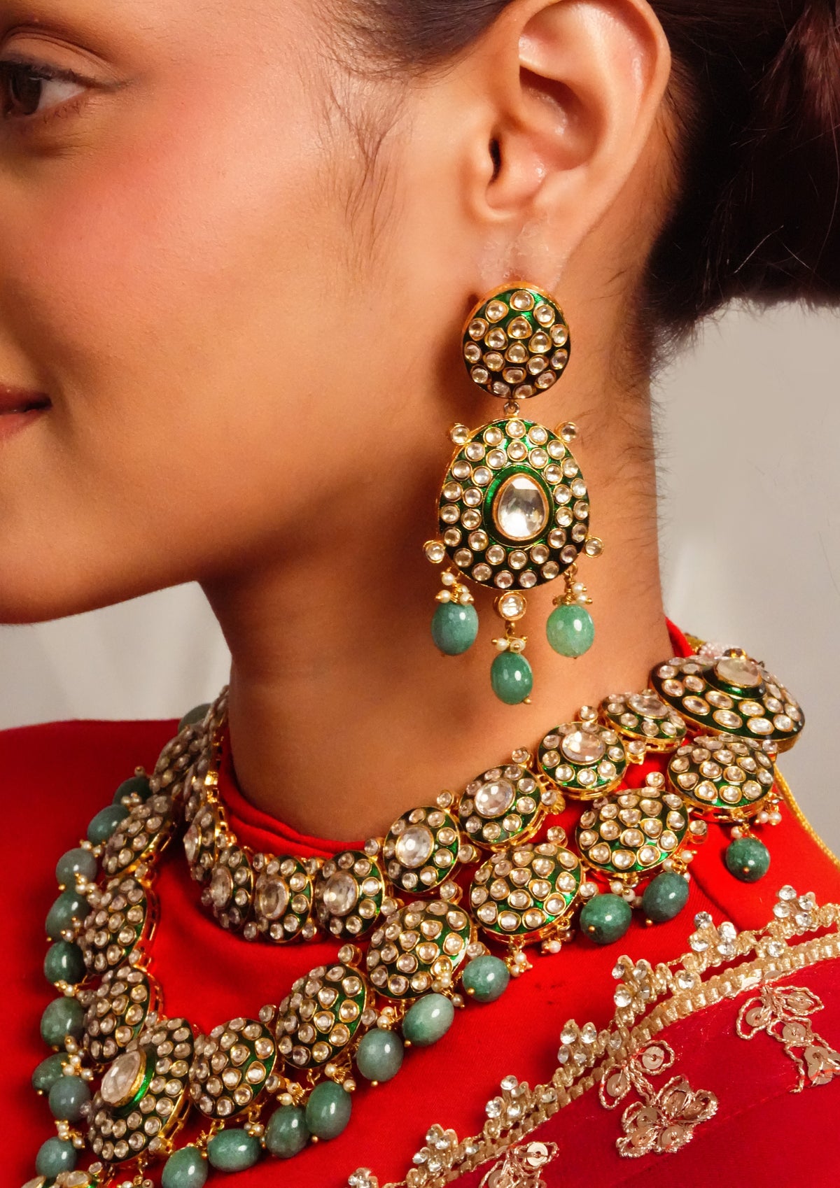 Mint green polki statement necklace with chandelier earrings