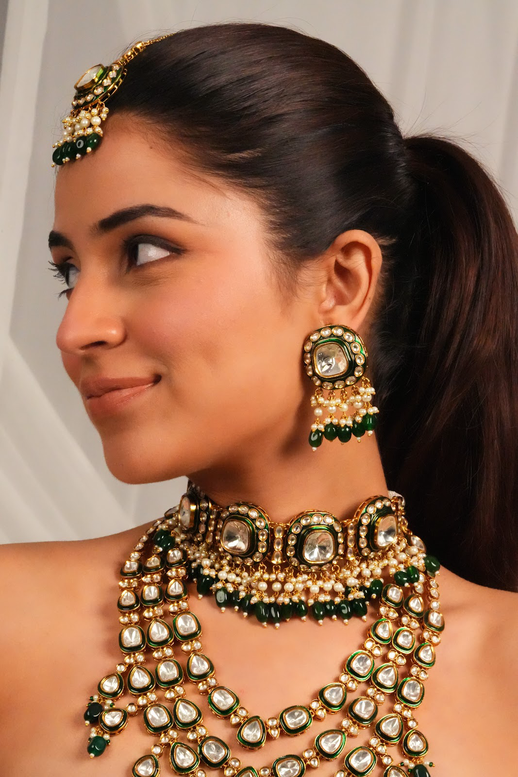 Emerald Fringe Kundan Bridal Set