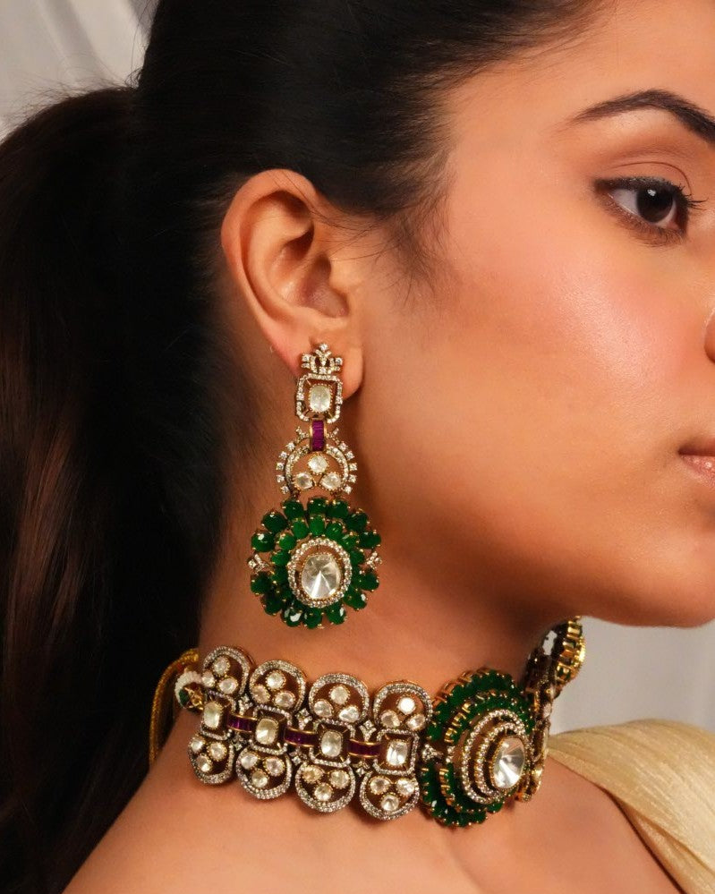 Regal green bead designer necklace with earrings