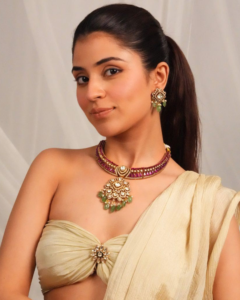 Temple inspired gemstone collar necklace with earrings