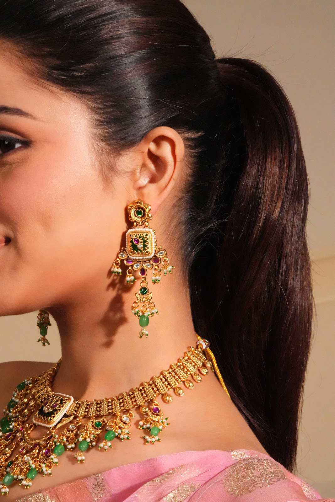 Heritage motif handcrafted temple necklace with earrings