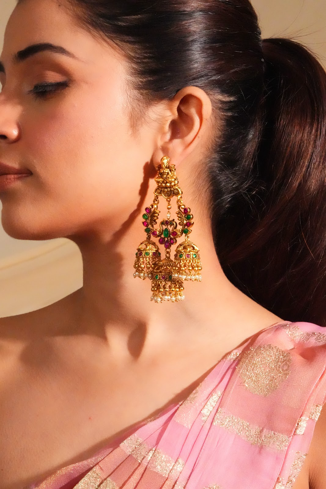 Temple inspired multicolor jhumka earrings