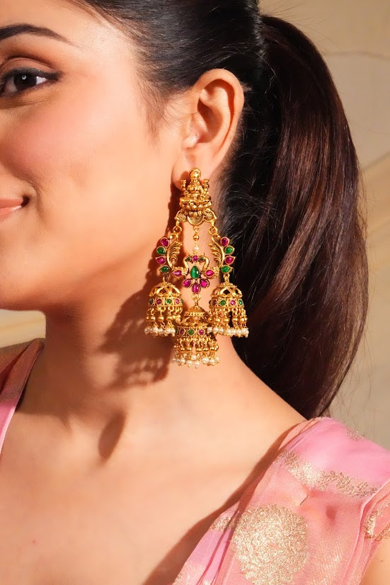 Temple inspired multicolor jhumka earrings