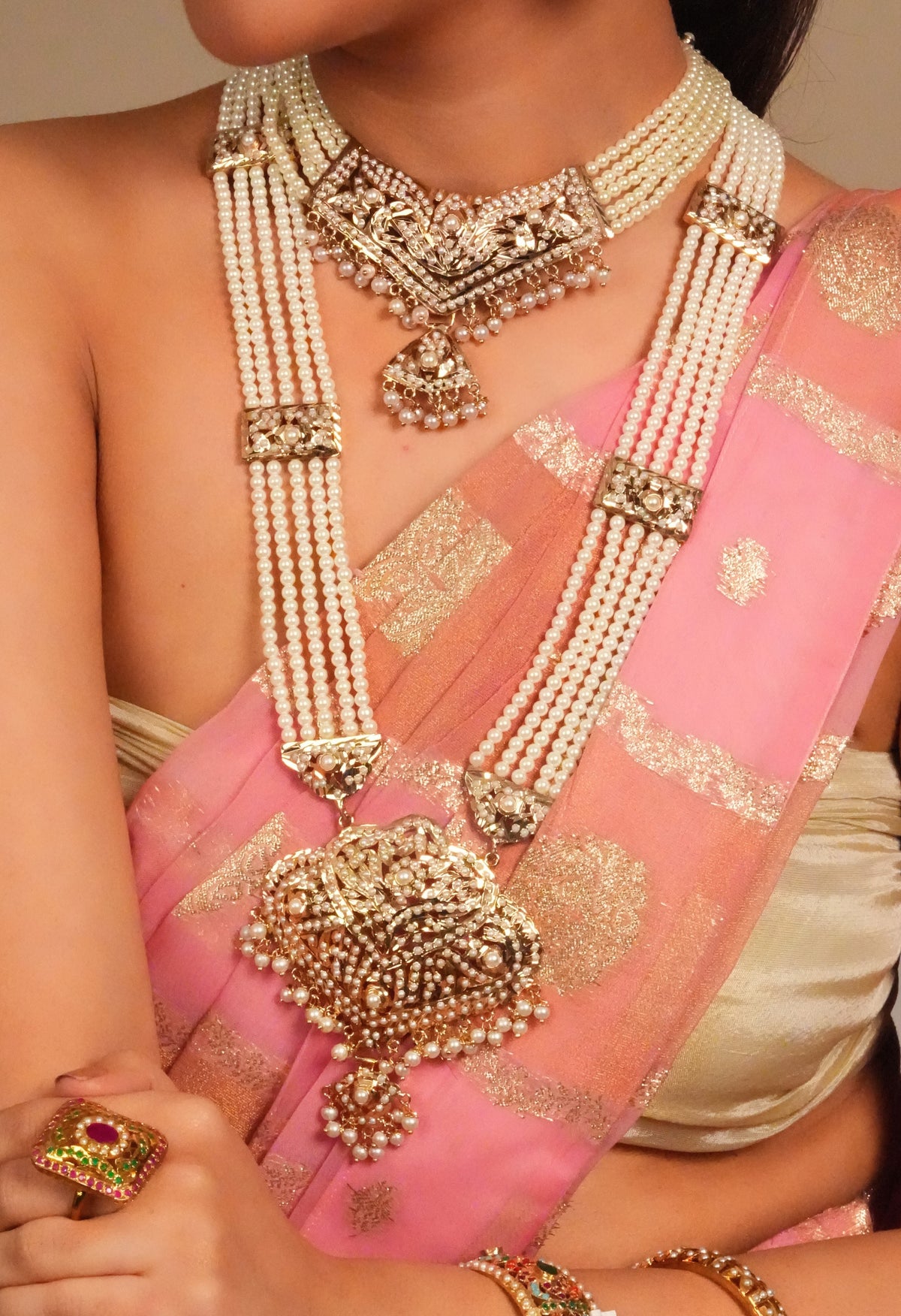 Classic pearl bridal style necklace with kundan earrings