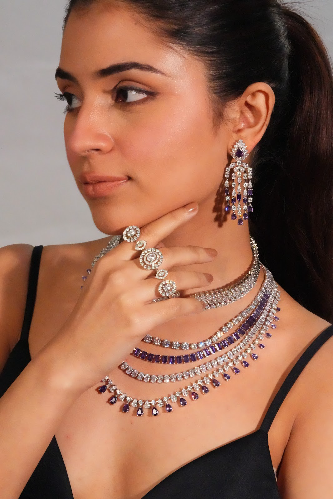 Luxury crystal layered AD necklace with earrings