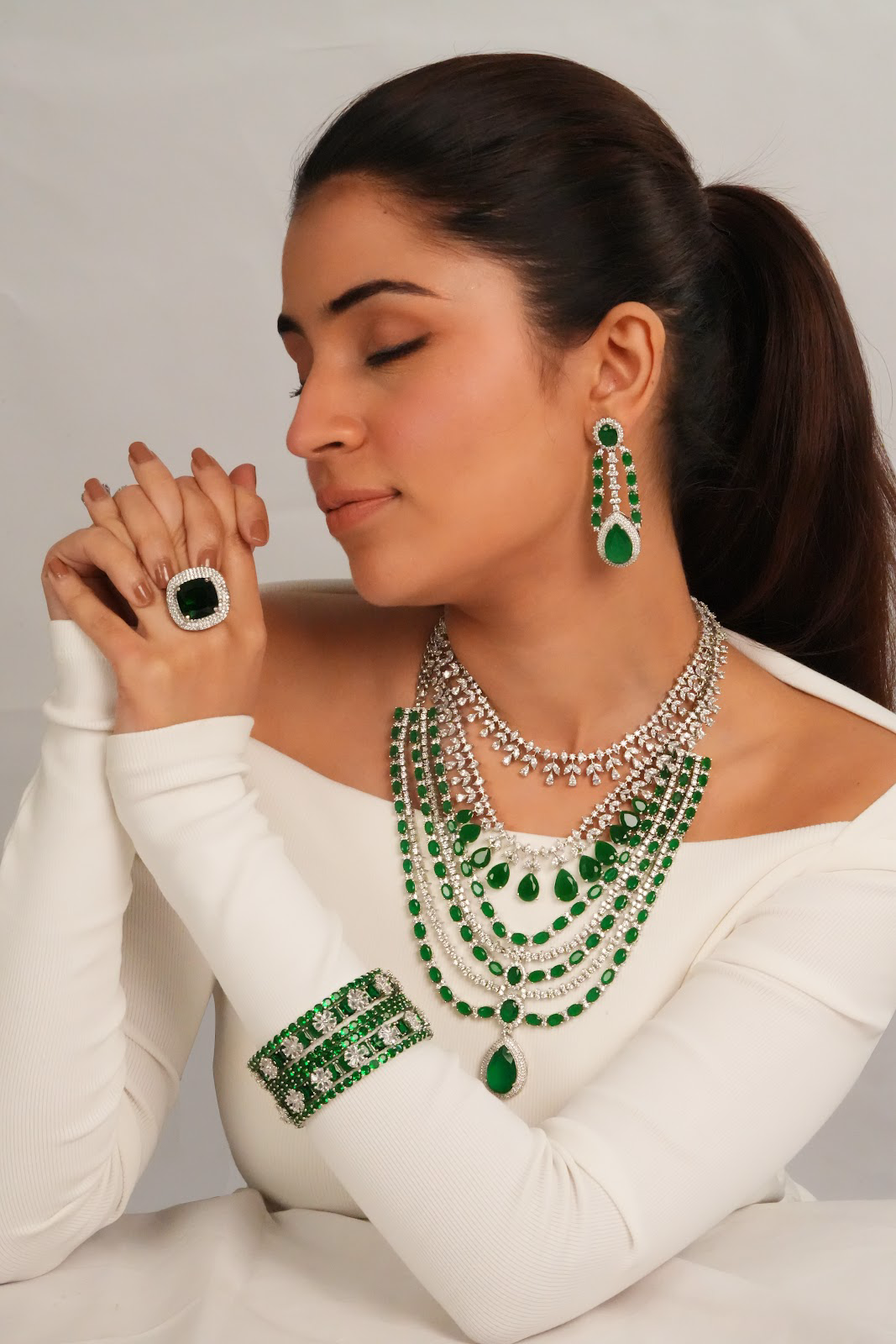 Silver finish multi strand necklace with drop earrings