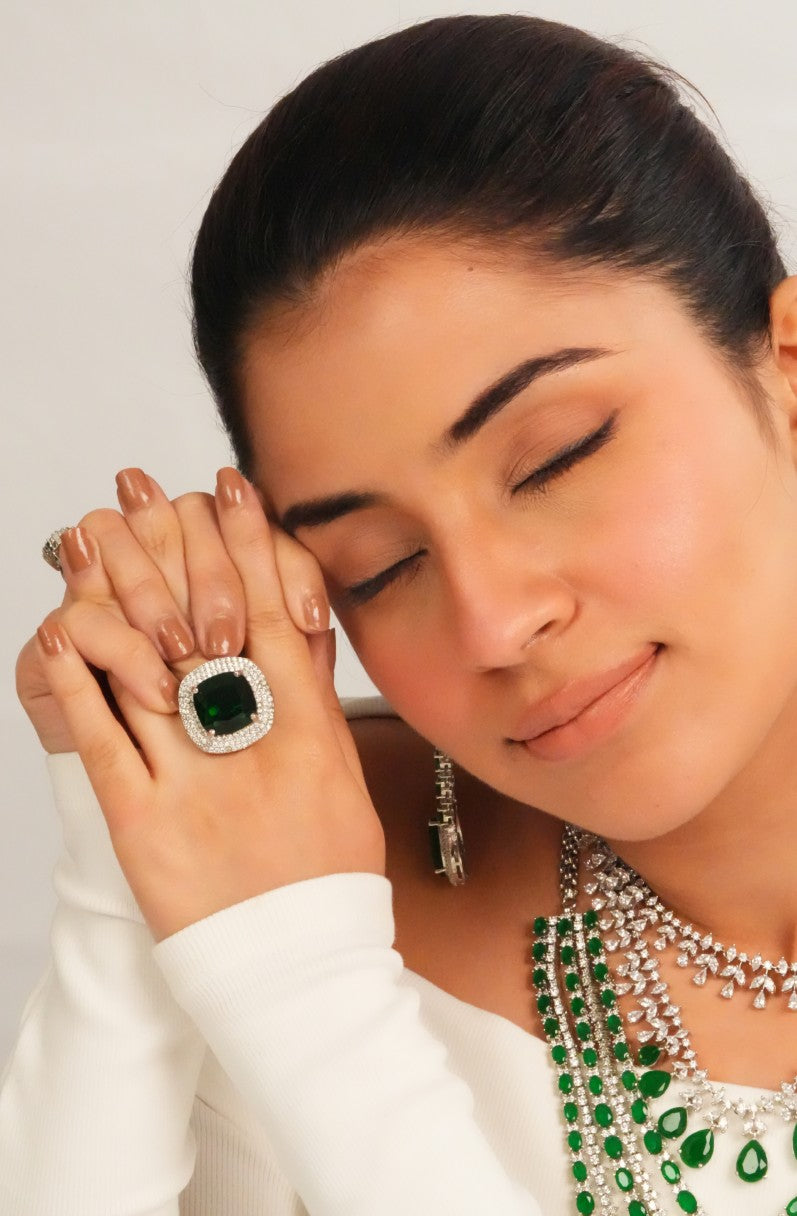 Emerald green cushion cut statement ring