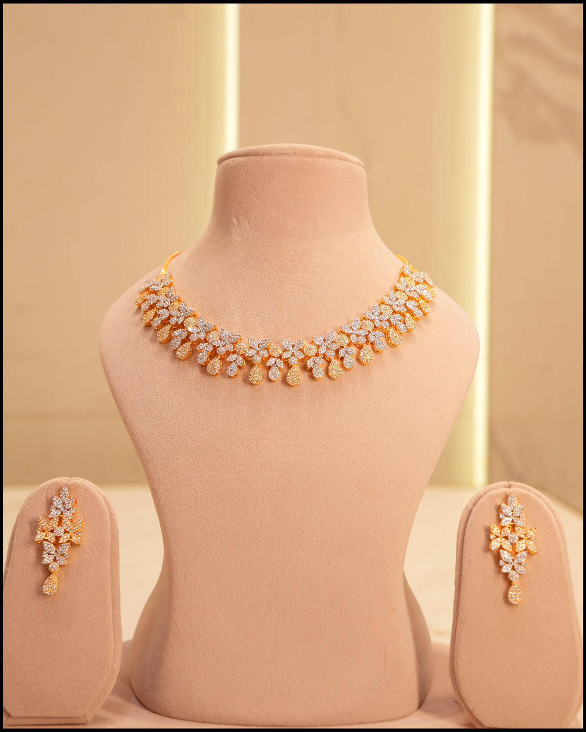 New Arrival – Two-Tone Floral Drop American Diamond Necklace Set