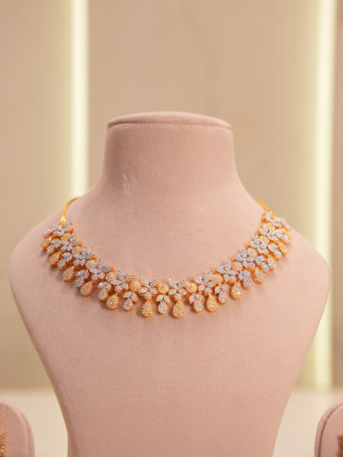 New Arrival – Two-Tone Floral Drop American Diamond Necklace Set