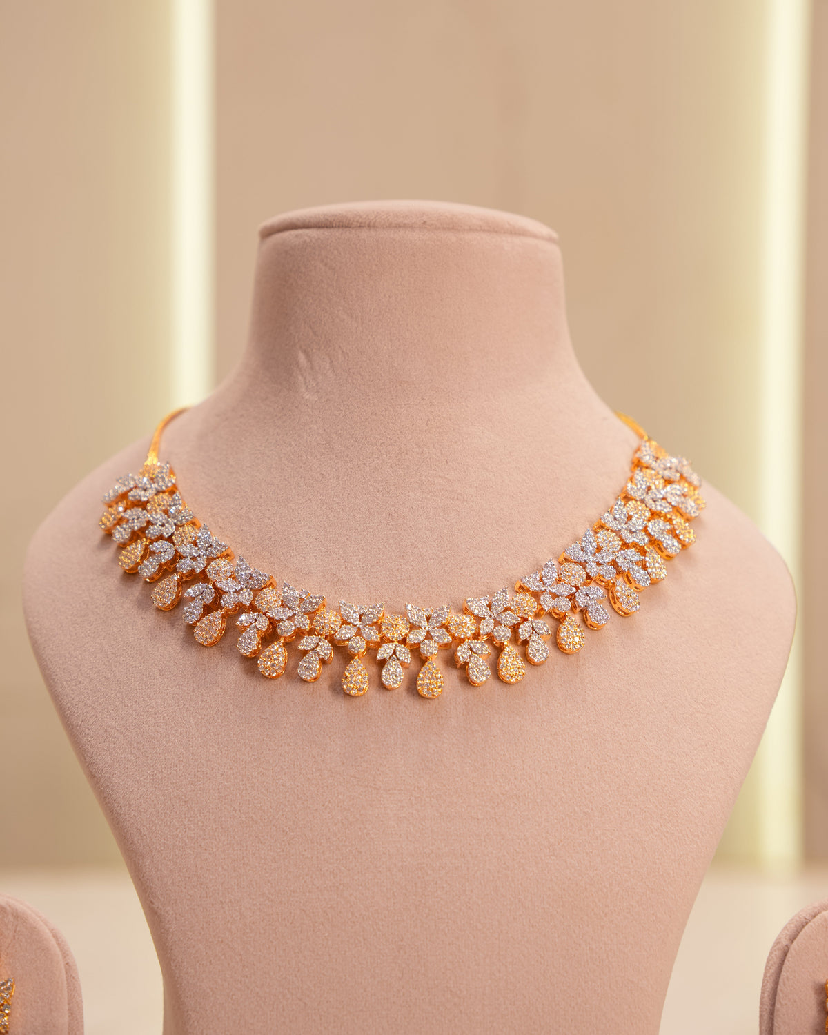 New Arrival – Two-Tone Floral Drop American Diamond Necklace Set