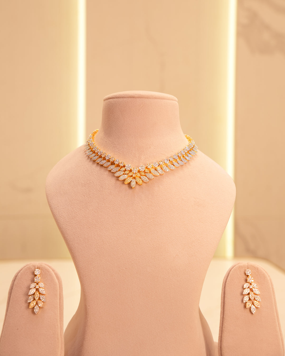 Two-Tone Floral Leaf American Diamond Necklace Set