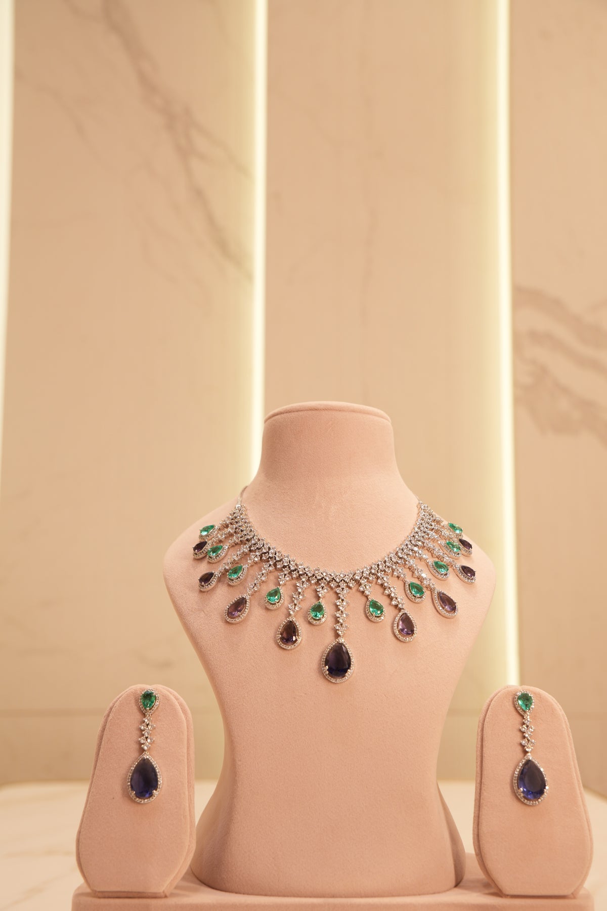 Sapphire Emerald Fringe American Diamond Necklace Set