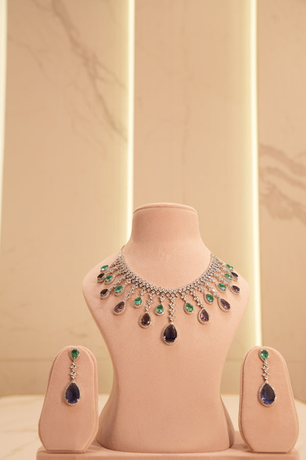 Sapphire Emerald Fringe American Diamond Necklace Set