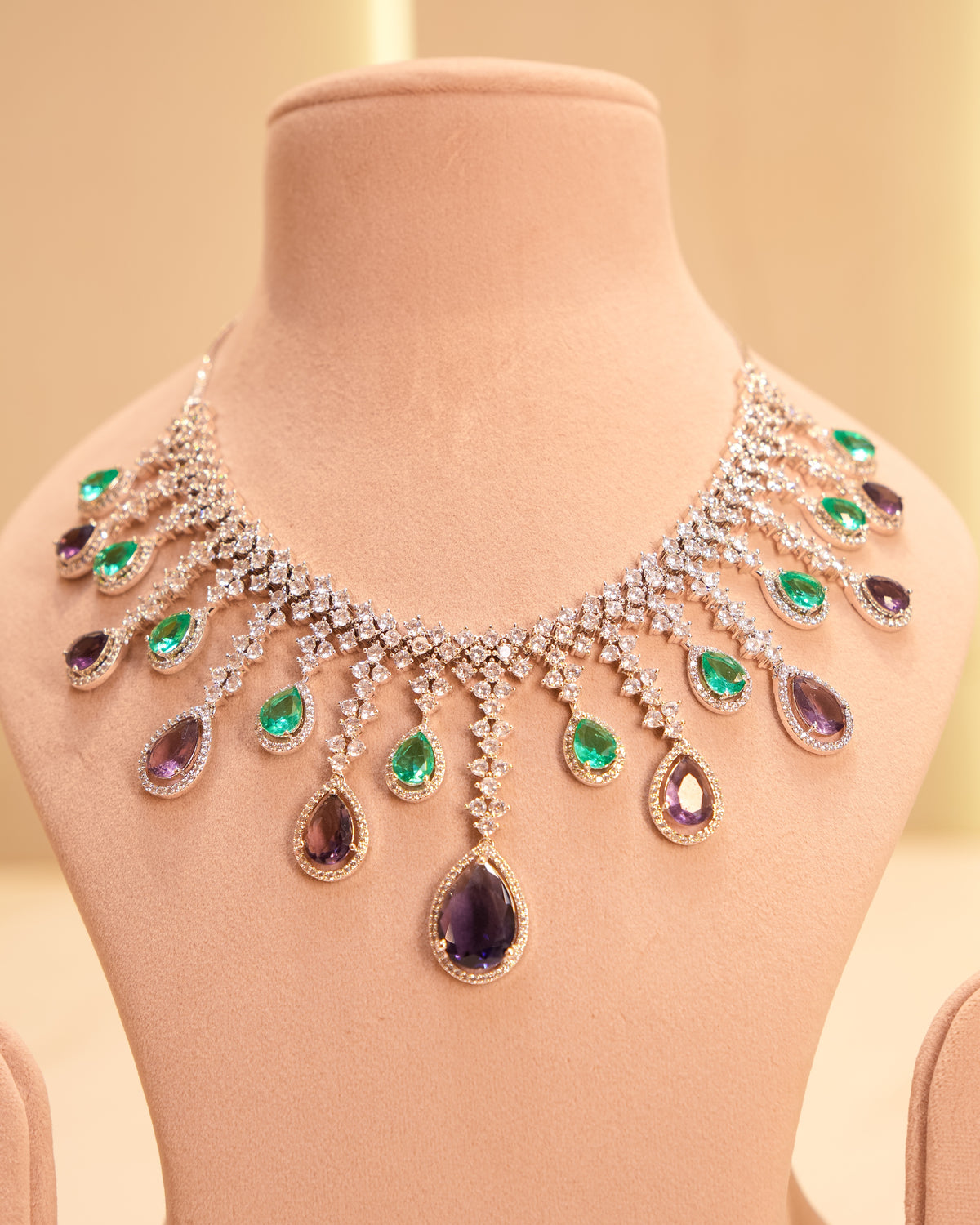 Sapphire Emerald Fringe American Diamond Necklace Set