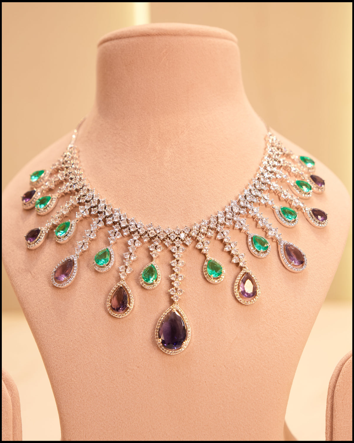 Sapphire Emerald Fringe American Diamond Necklace Set