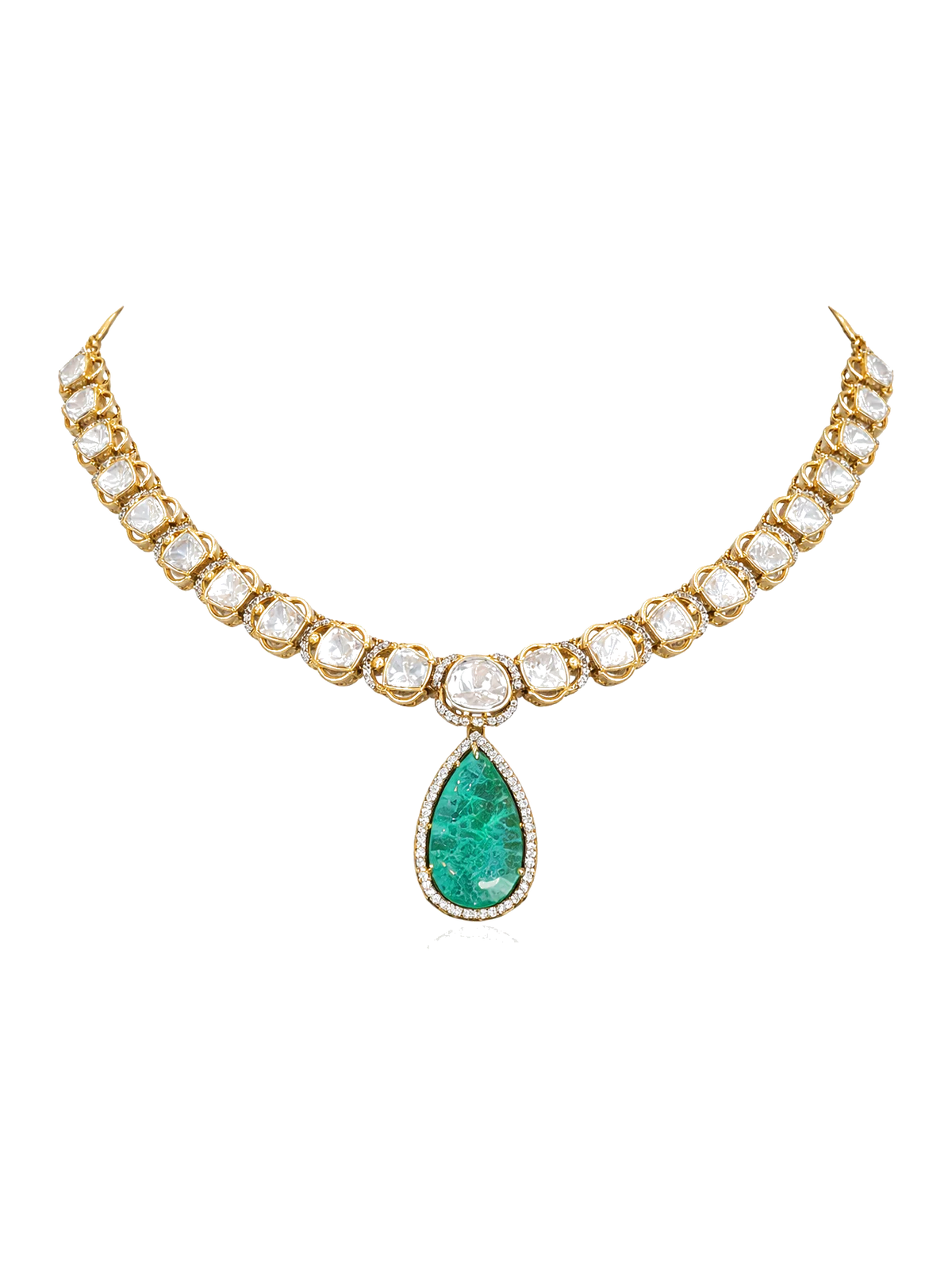 Gold plated polki emerald statement necklace with earring