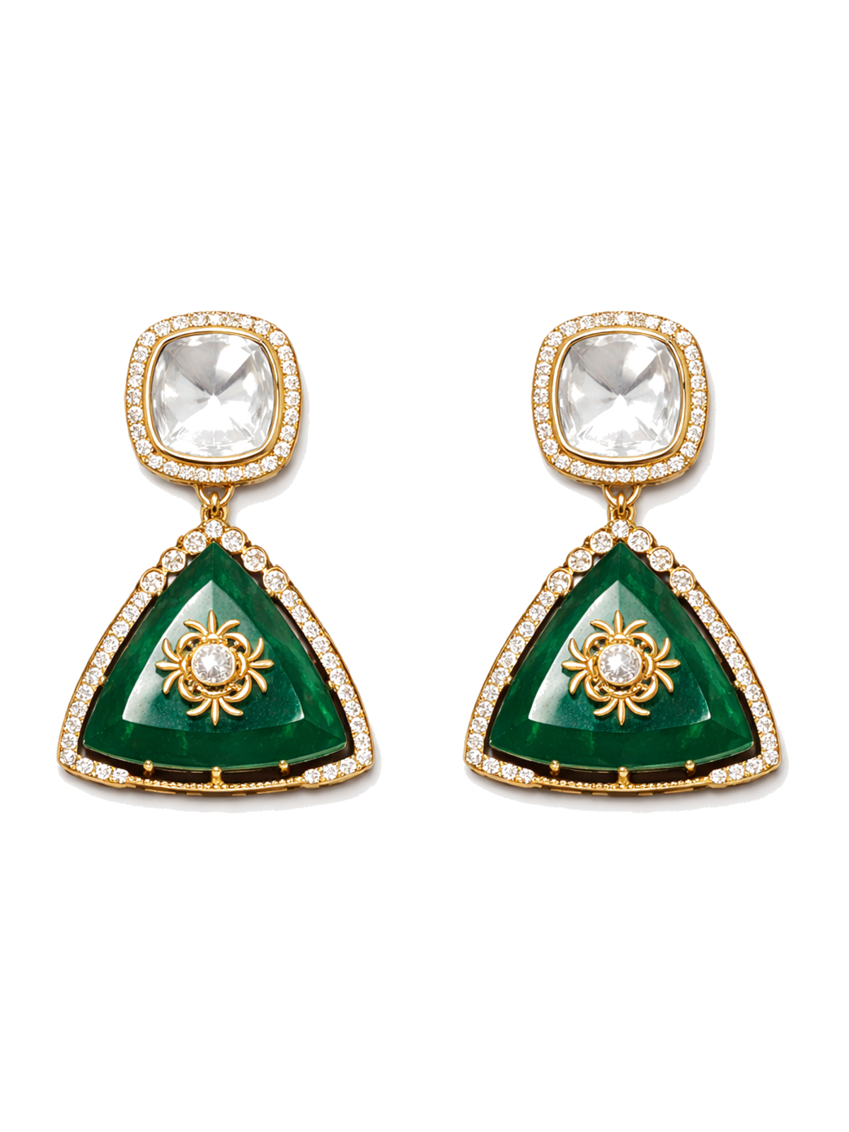 Polki Green Triangle Pendant Elegant Necklace with Earrings