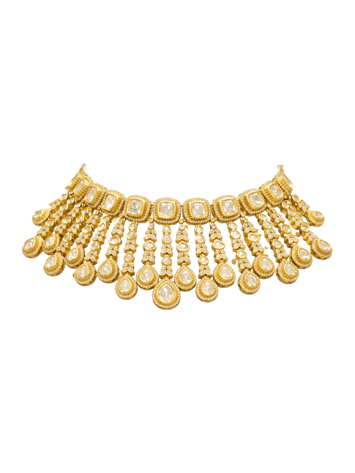 Fringe pattern gold collar necklace with earrings