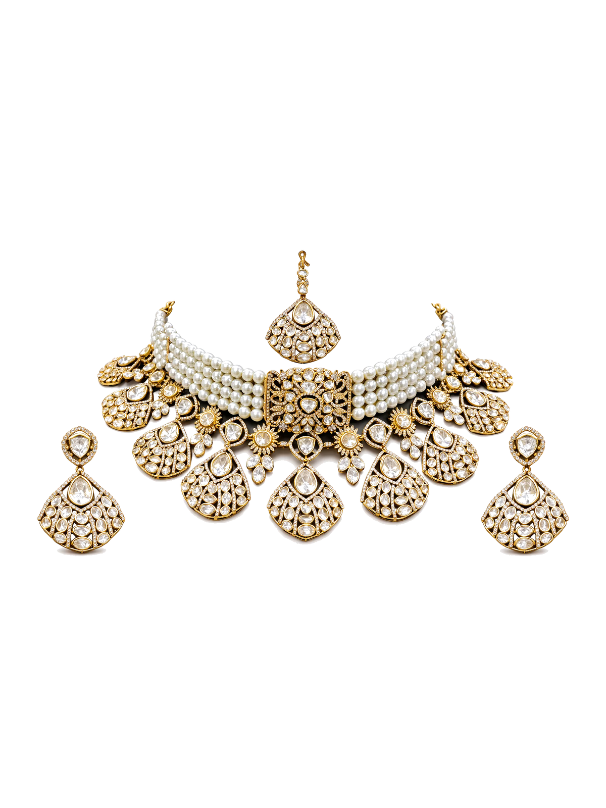 Bridal kundan pearl choker set with maang tikka