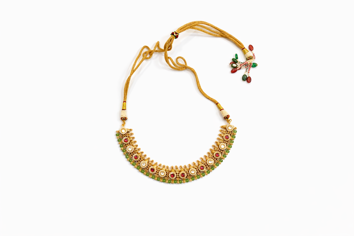 Gold plated temple green stone necklace and earring