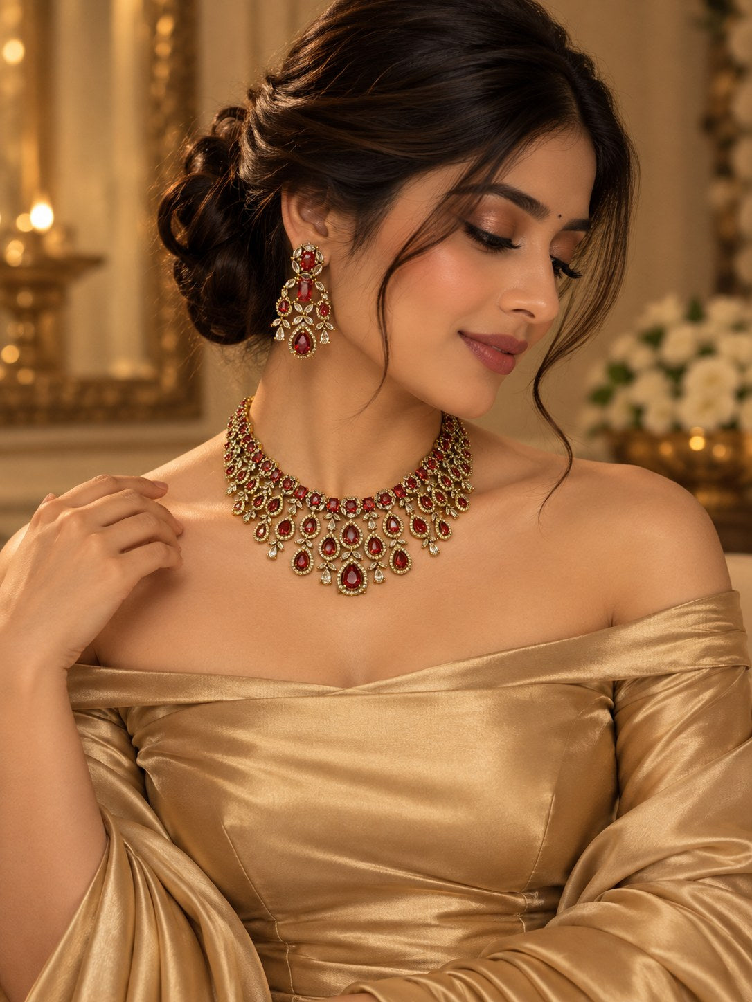 Short Necklace set	American Diamond	Bridal Statement, Cocktail Evenings, Gifting Favourites	Red