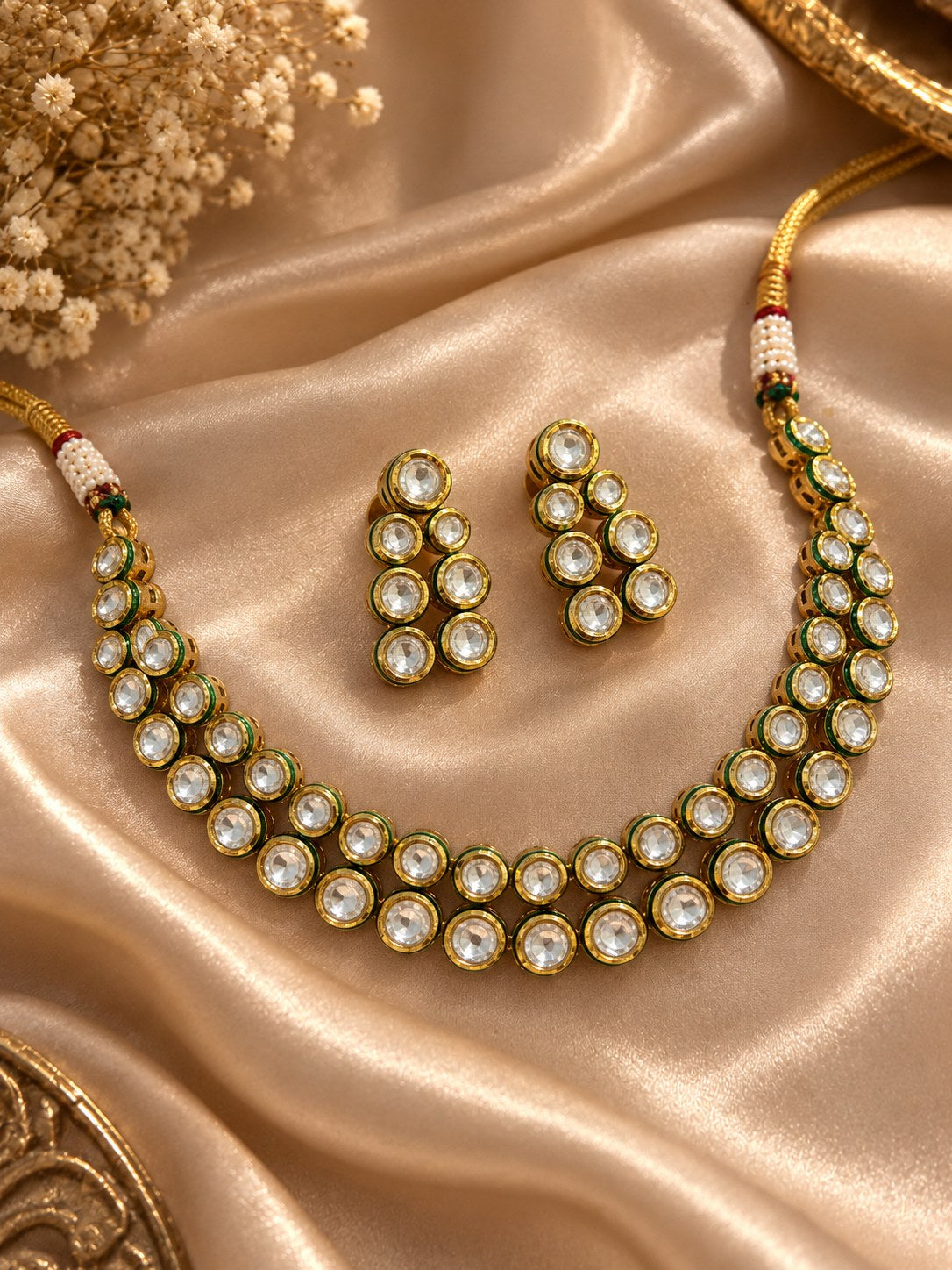 Elegant Gold & Green Kundan Short Necklace Set