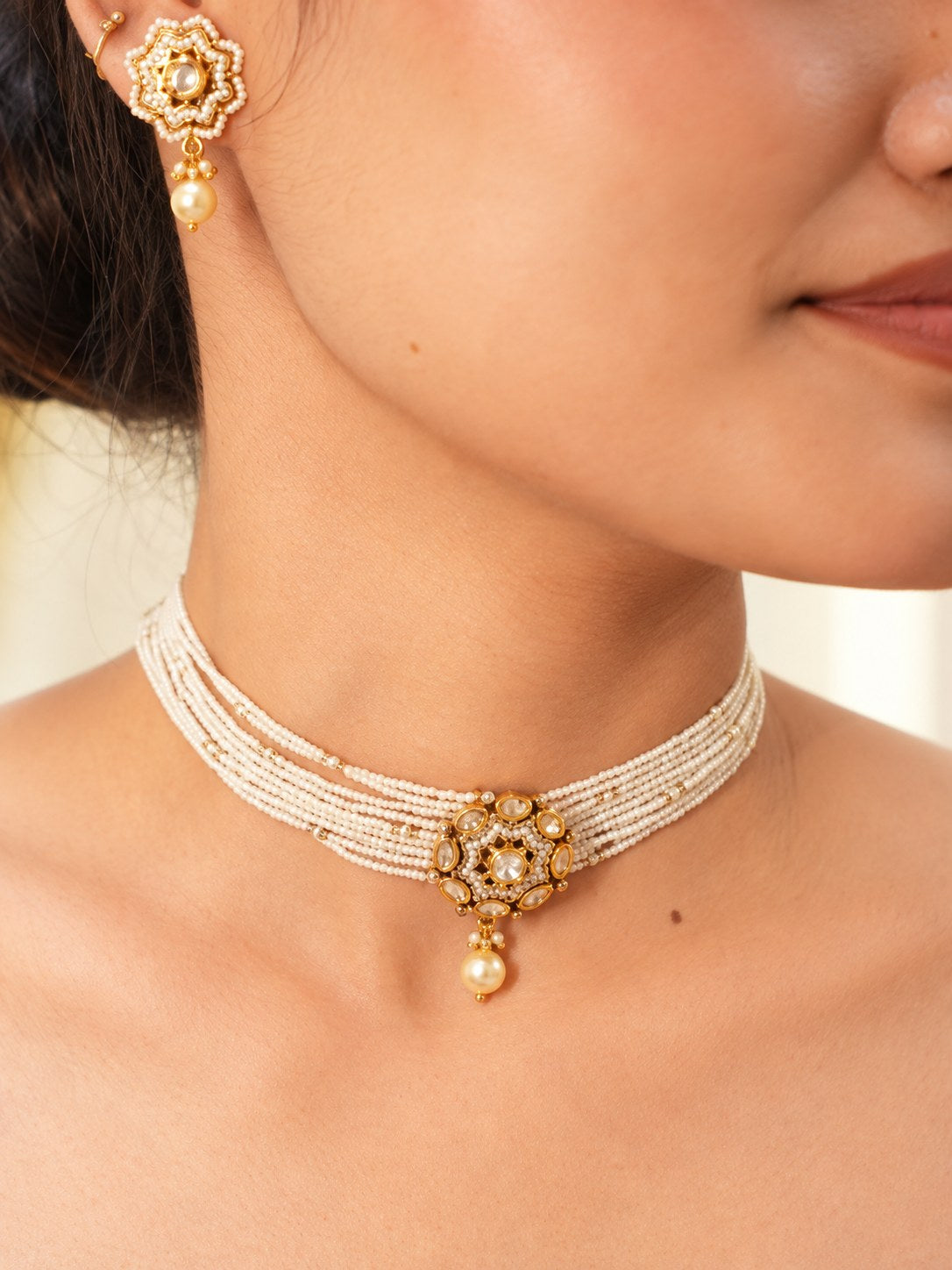 Elegant Golden & White Kundan Pearl Choker Set