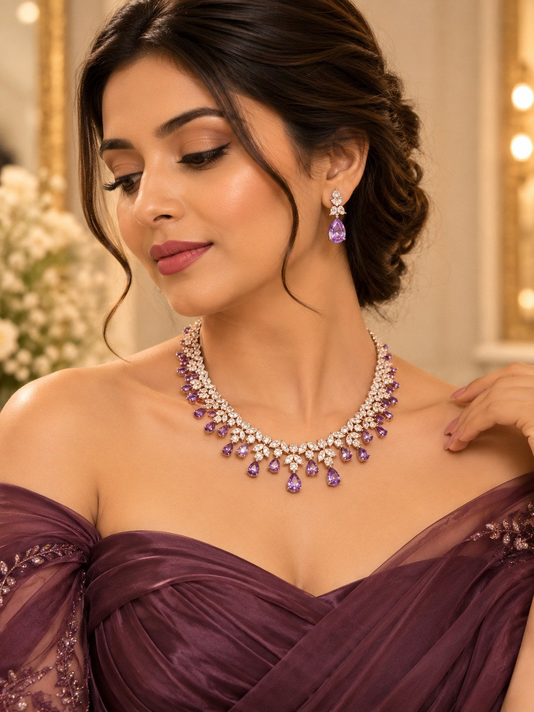 Royal Purple Premium Zircon Silver Necklace Set