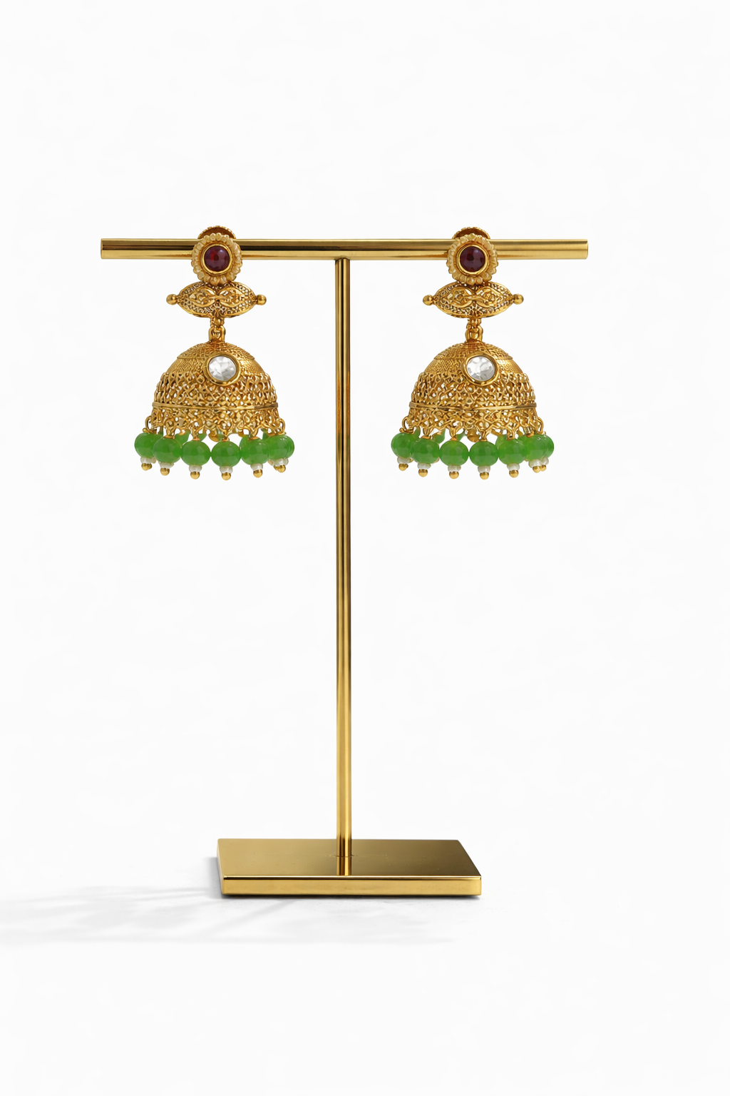 Gold plated temple green stone necklace and earring