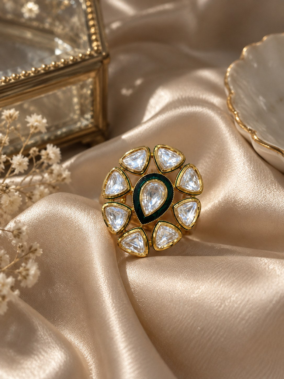 Regal Green Antique Gold Statement Ring