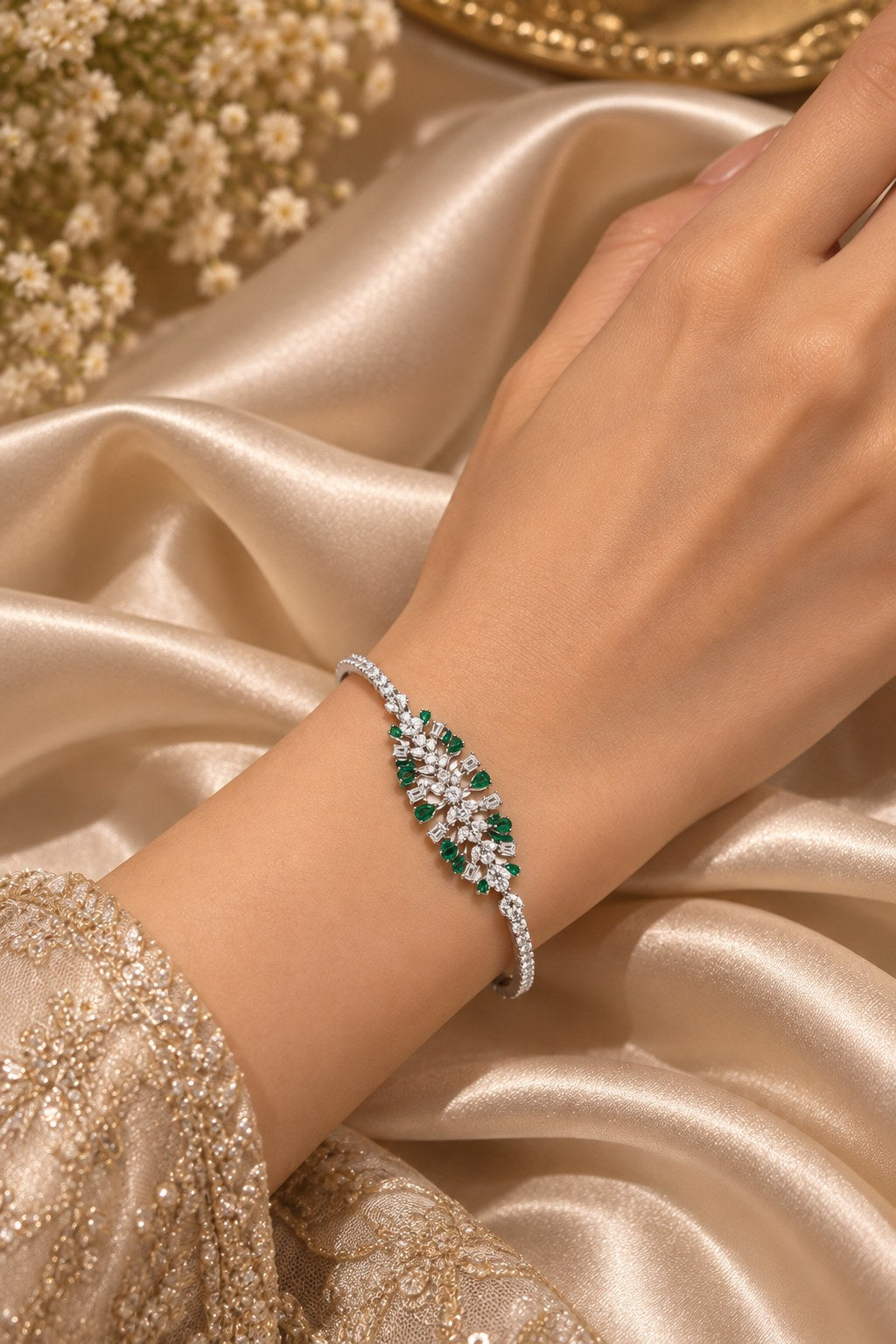 Elegant Green Premium Zircon Silver Bracelet