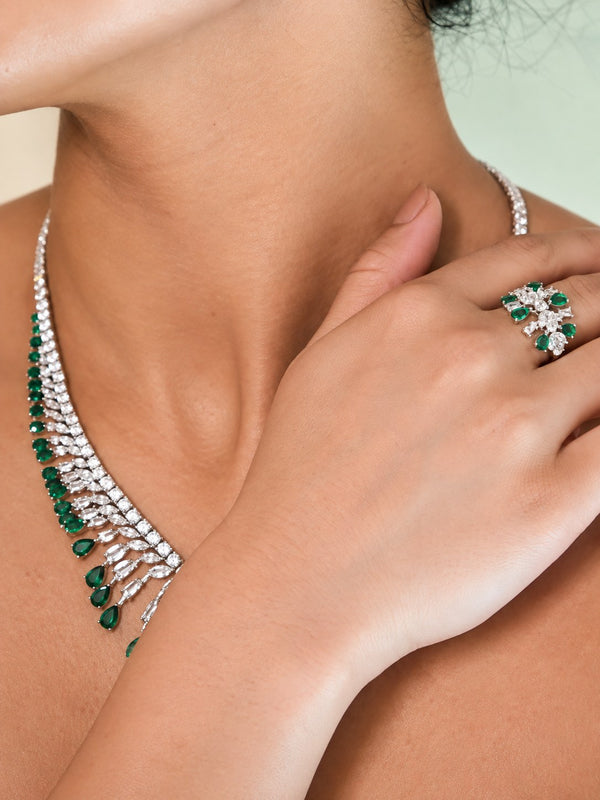 Elegant Green Premium Zircon Silver Statement Ring