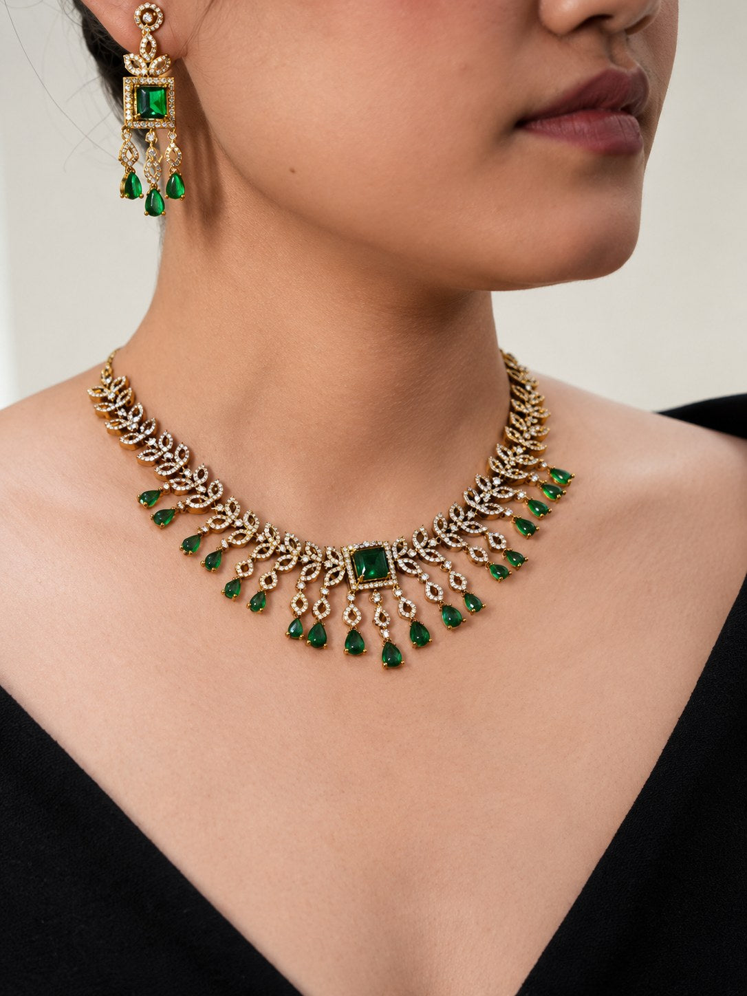 Elegant Gold & Green American Diamond Short Necklace Set
