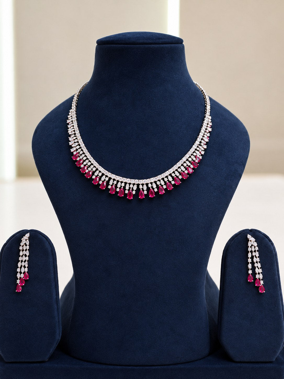 Elegant Pink Premium Zircon Silver Necklace Set