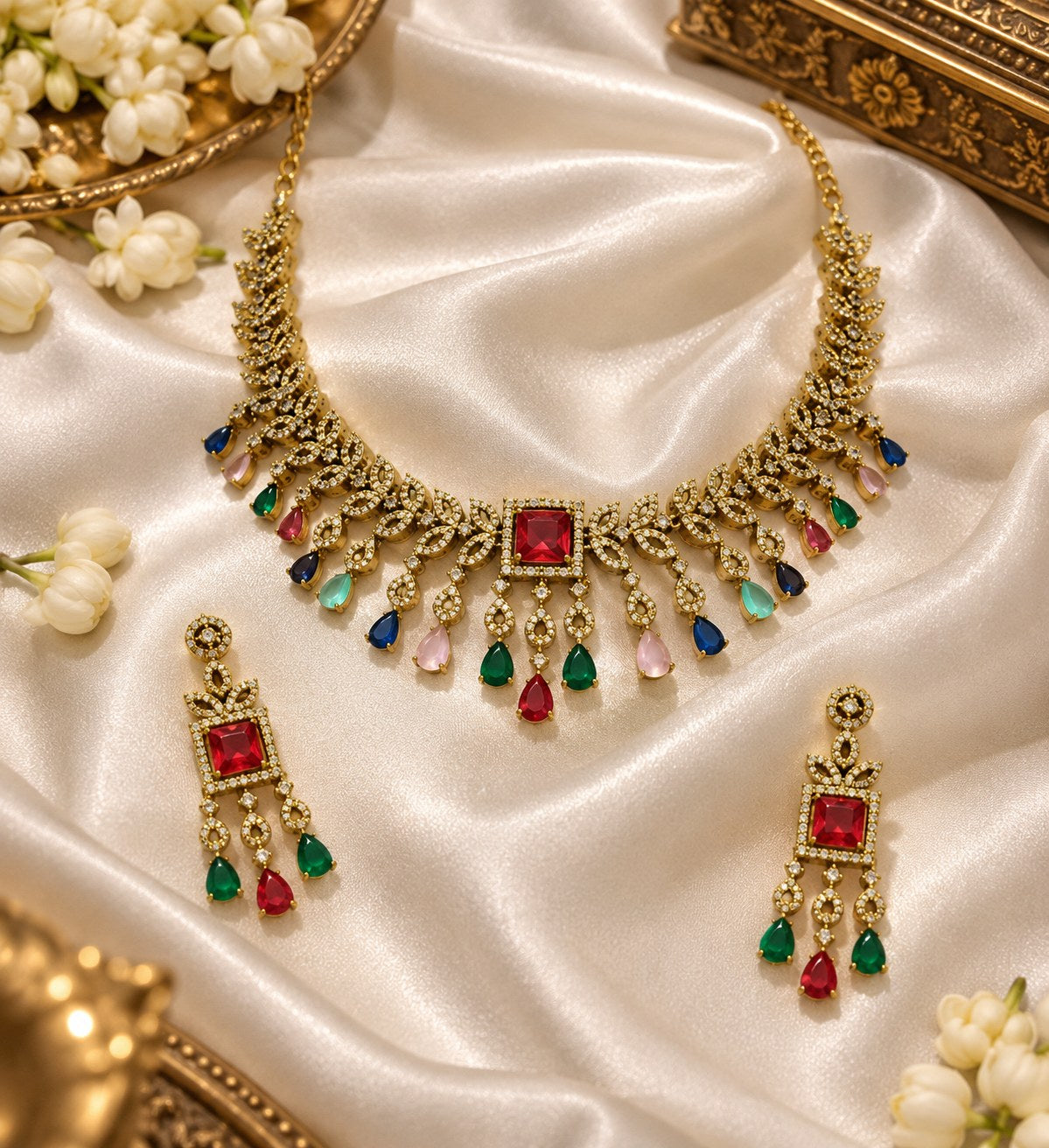 Elegant Gold & White American Diamond Bridal Necklace Set