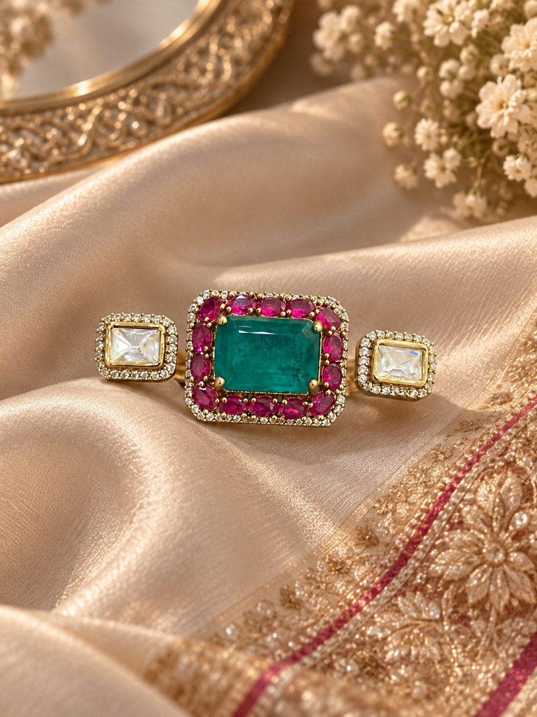 Regal Emerald Green & Pink Statement Ring