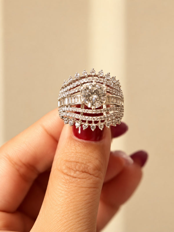 Regal Silver Crystal Statement Ring